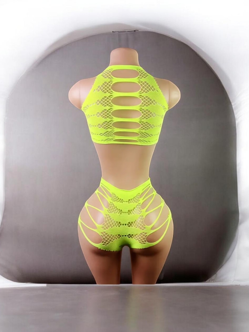 OS!!New Look Neon Yellow Cutout Fishnet Lingerie Set